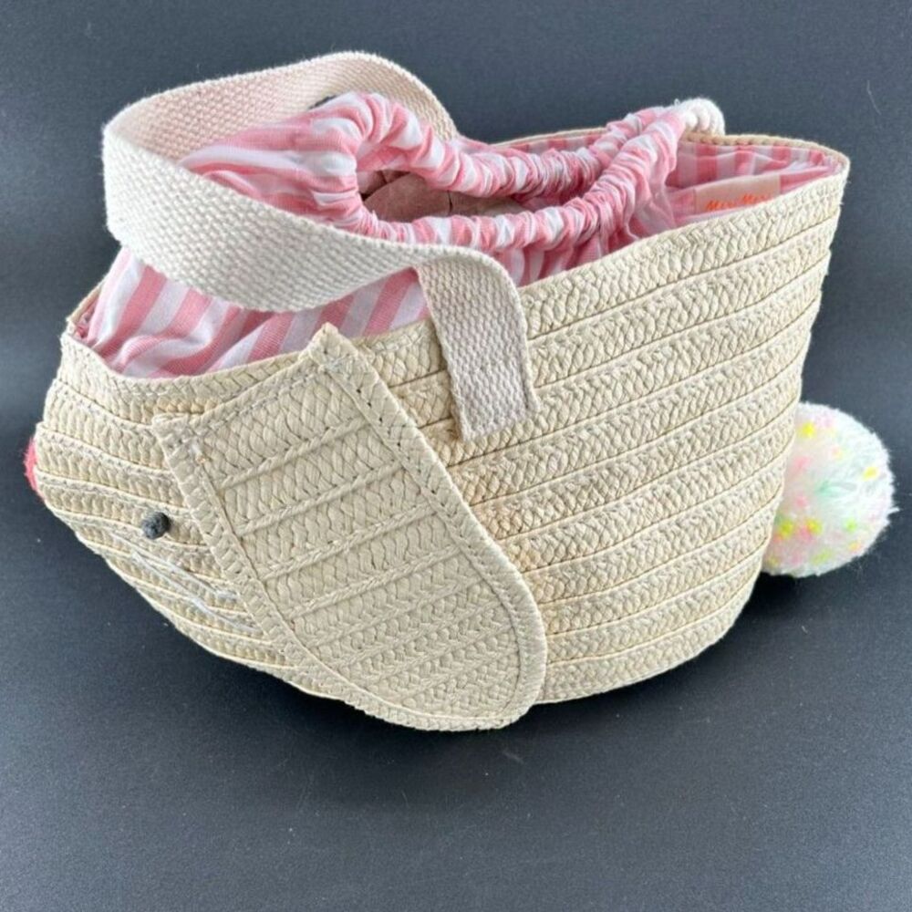 MeriMeri Straw Bunny Purse Cotton Lining Draw Sting Closure12"L x 6.5"H x 5"W - Picture 9 of 9